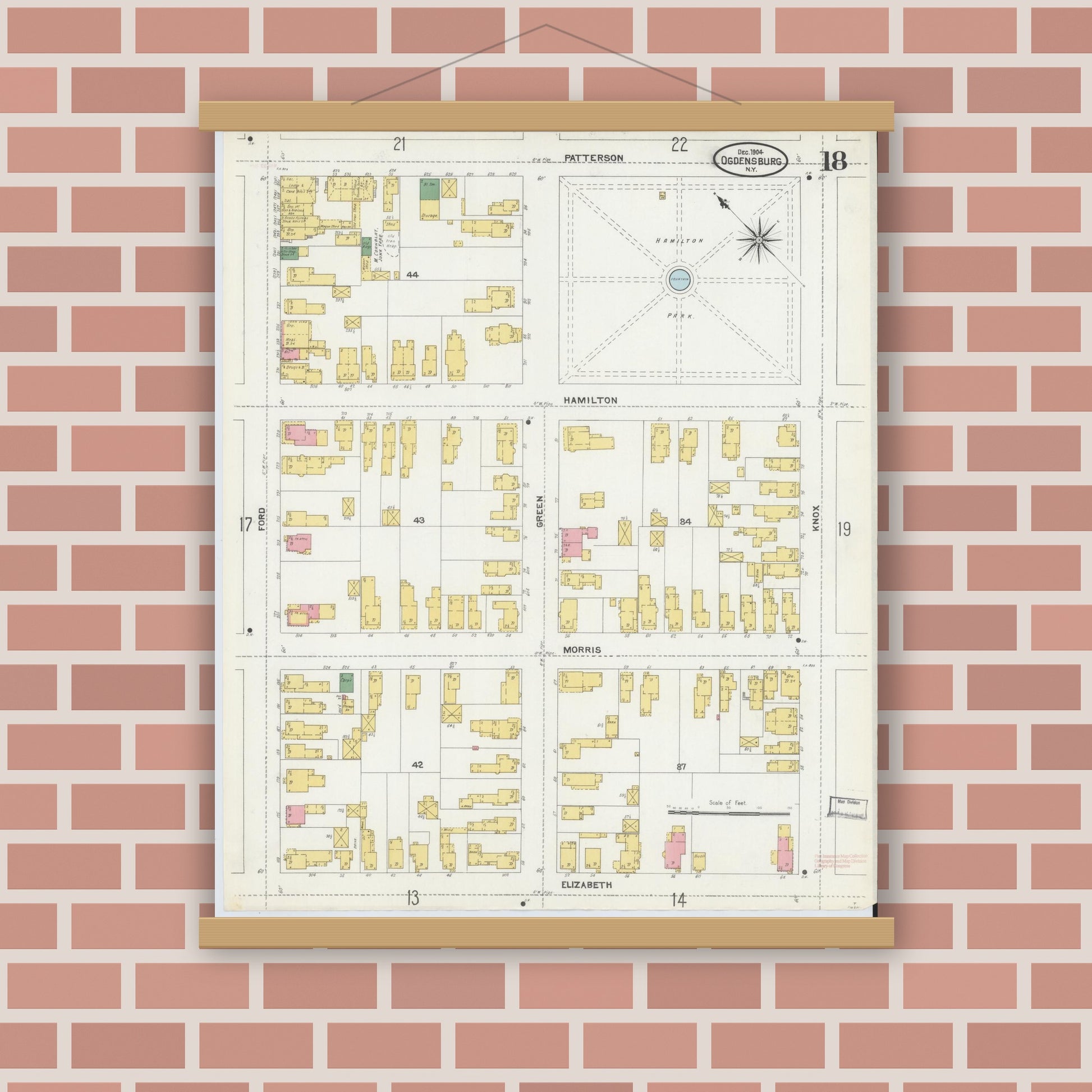 Old map wall art mockup — magnetic wood frame on brick wall — Sanborn Fire Insurance Map from Ogdensburg, St. Lawrence County, New York (1904), Sheet #0018