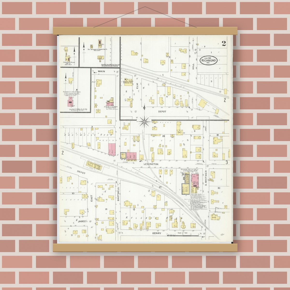 Old map wall art mockup — magnetic wood frame on brick wall — Sanborn Fire Insurance Map from Richmond, Ray County, Missouri (1909), Sheet #0002