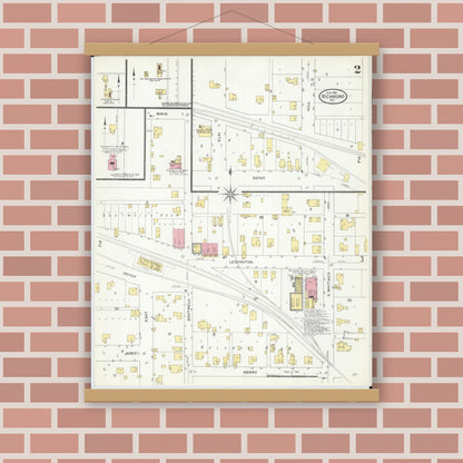 Old map wall art mockup — magnetic wood frame on brick wall — Sanborn Fire Insurance Map from Richmond, Ray County, Missouri (1909), Sheet #0002