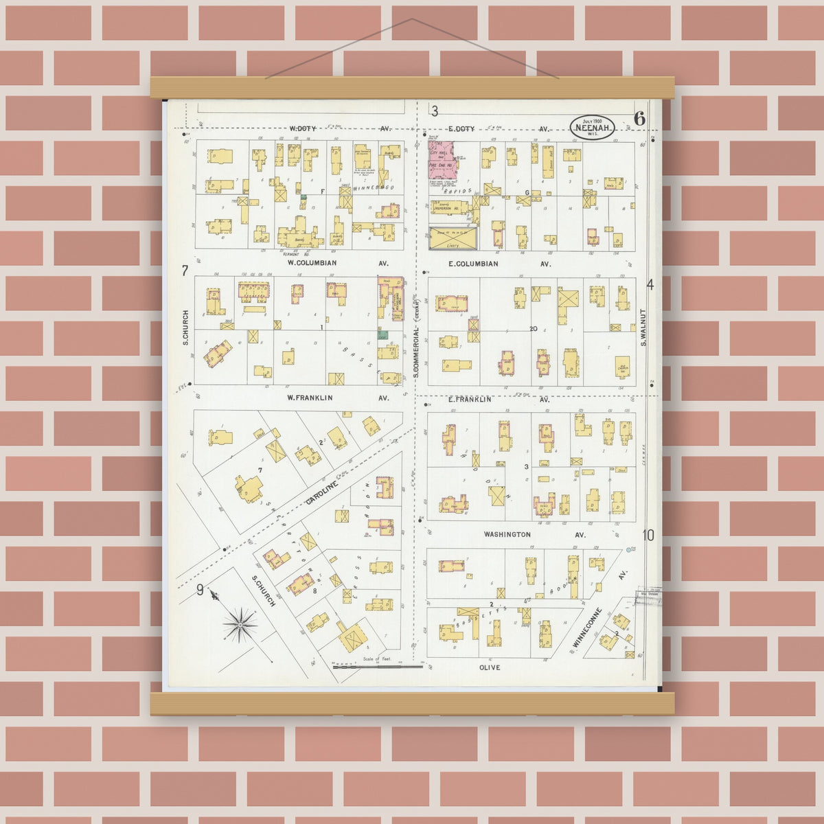 Old map wall art mockup — magnetic wood frame on brick wall — Sanborn Fire Insurance Map from Neenah, Winnebago County, Wisconsin (1900), Sheet #0006