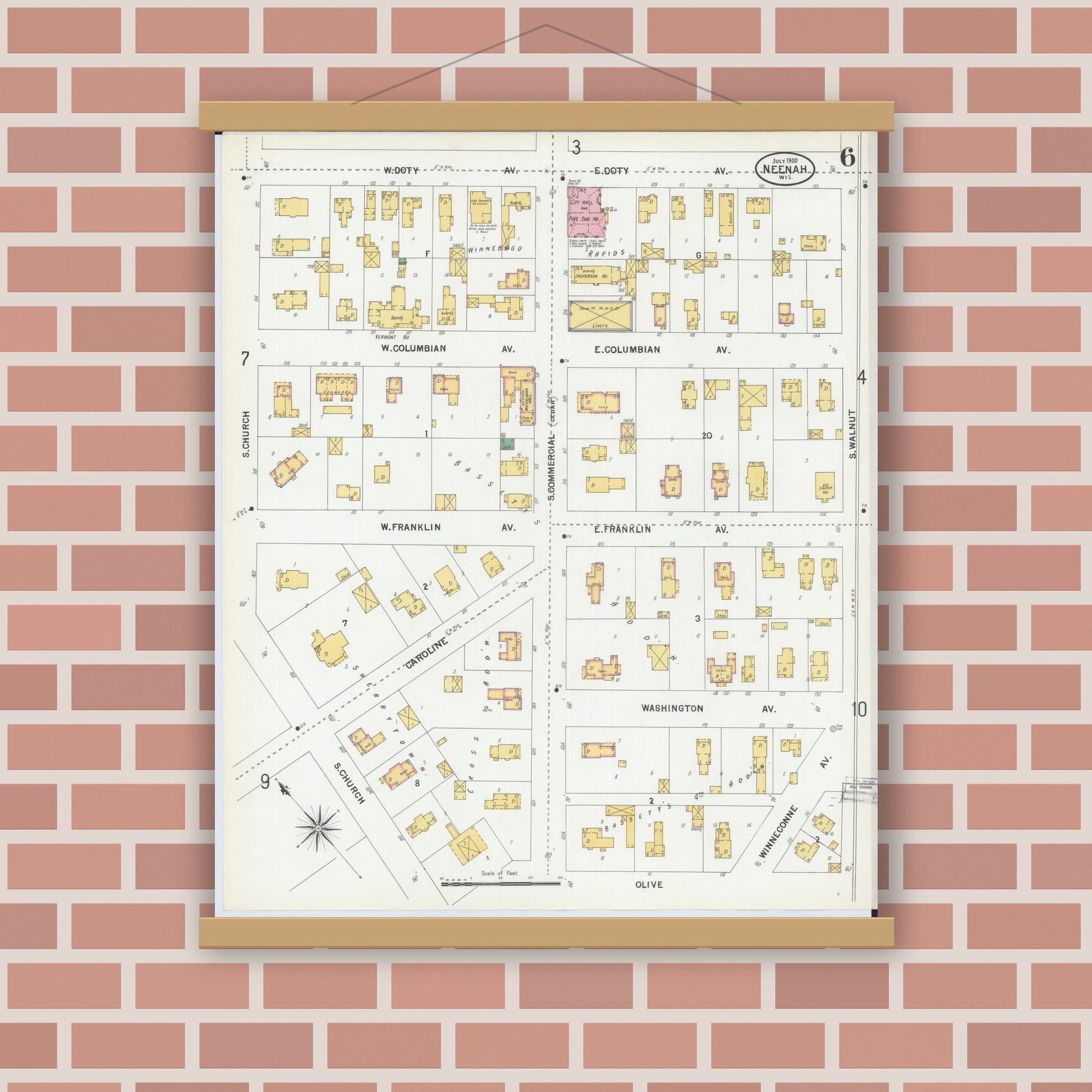 Old map wall art mockup — magnetic wood frame on brick wall — Sanborn Fire Insurance Map from Neenah, Winnebago County, Wisconsin (1900), Sheet #0006