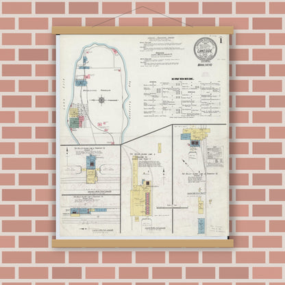 Old map wall art mockup — magnetic wood frame on brick wall — Sanborn Fire Insurance Map from Lakeside, Ottawa County, Ohio (1910), Sheet #0001