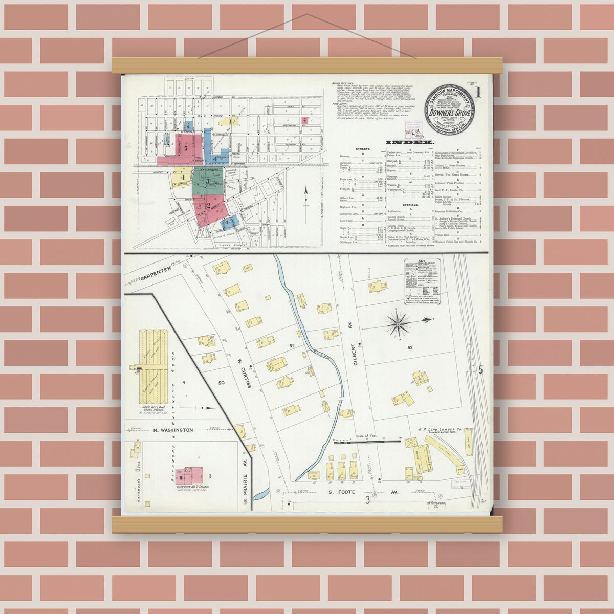 Old map wall art mockup — magnetic wood frame on brick wall — Sanborn Fire Insurance Map from Downers Grove, Dupage County, Illinois (1909) - Complete Map Set