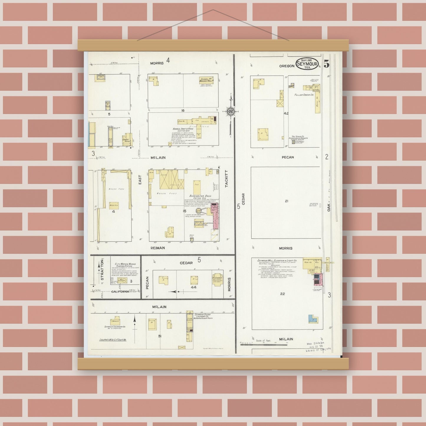Old map wall art mockup — magnetic wood frame on brick wall — Sanborn Fire Insurance Map from Seymour, Baylor County, Texas (1916), Sheet #0005