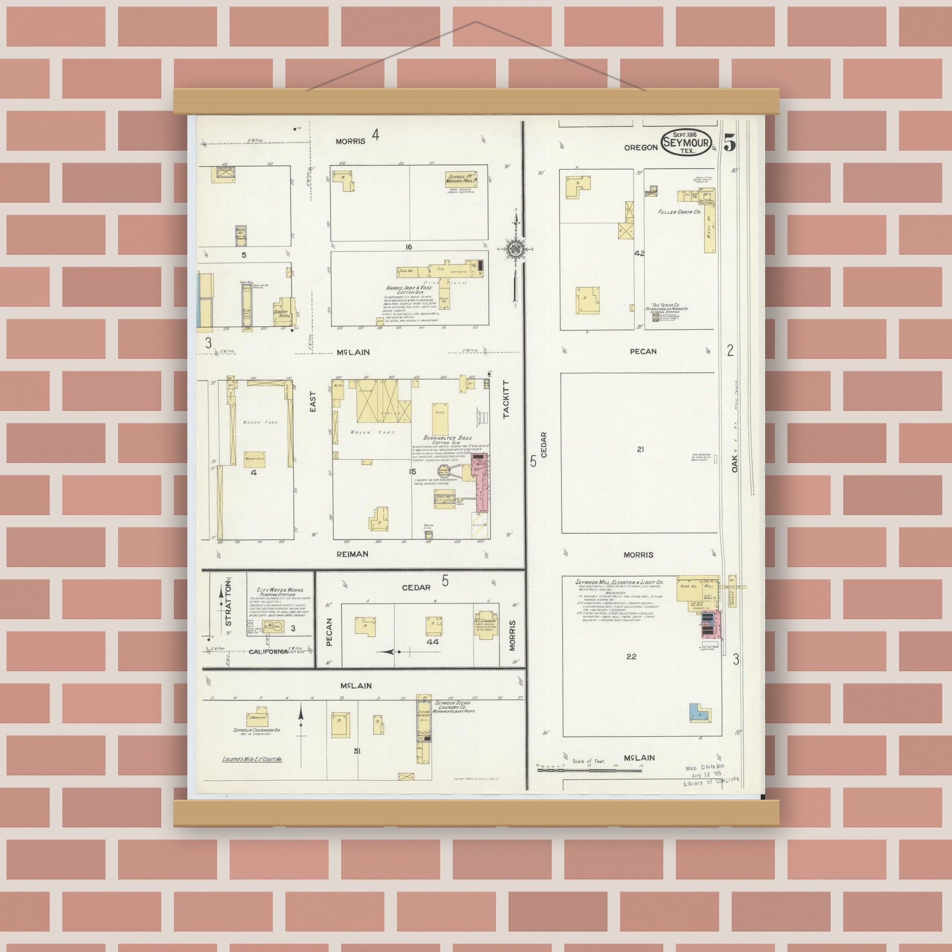 Old map wall art mockup — magnetic wood frame on brick wall — Sanborn Fire Insurance Map from Seymour, Baylor County, Texas (1916), Sheet #0005