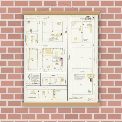 Old map wall art mockup — magnetic wood frame on brick wall — Sanborn Fire Insurance Map from Seymour, Baylor County, Texas (1916), Sheet #0005