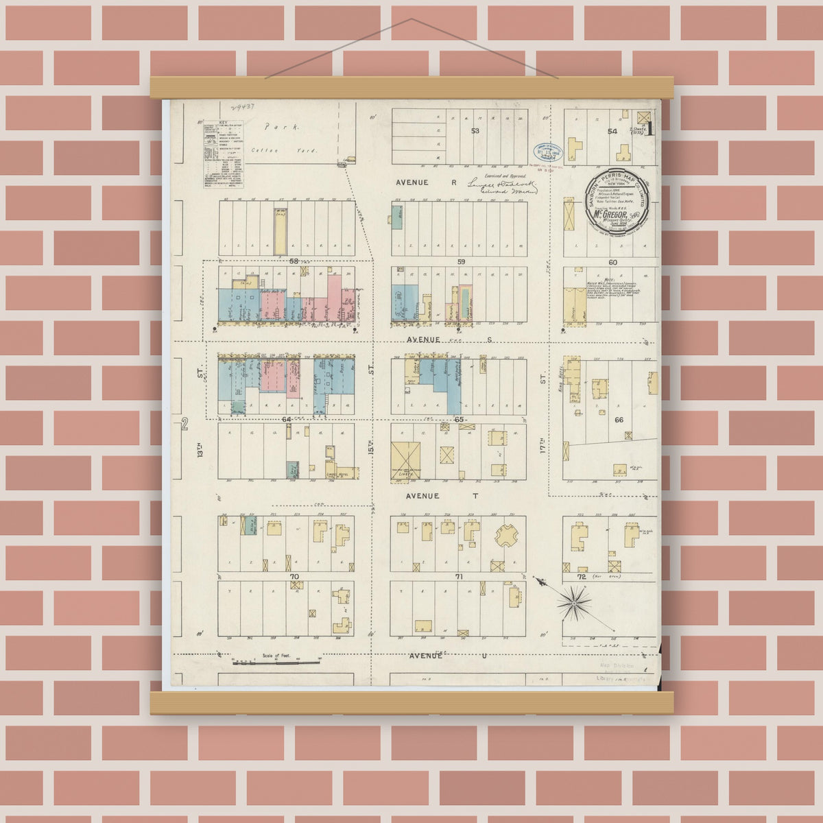 Old map wall art mockup — magnetic wood frame on brick wall — Sanborn Fire Insurance Map from McGregor, McLennan County, Texas (1894) - Complete Map Set
