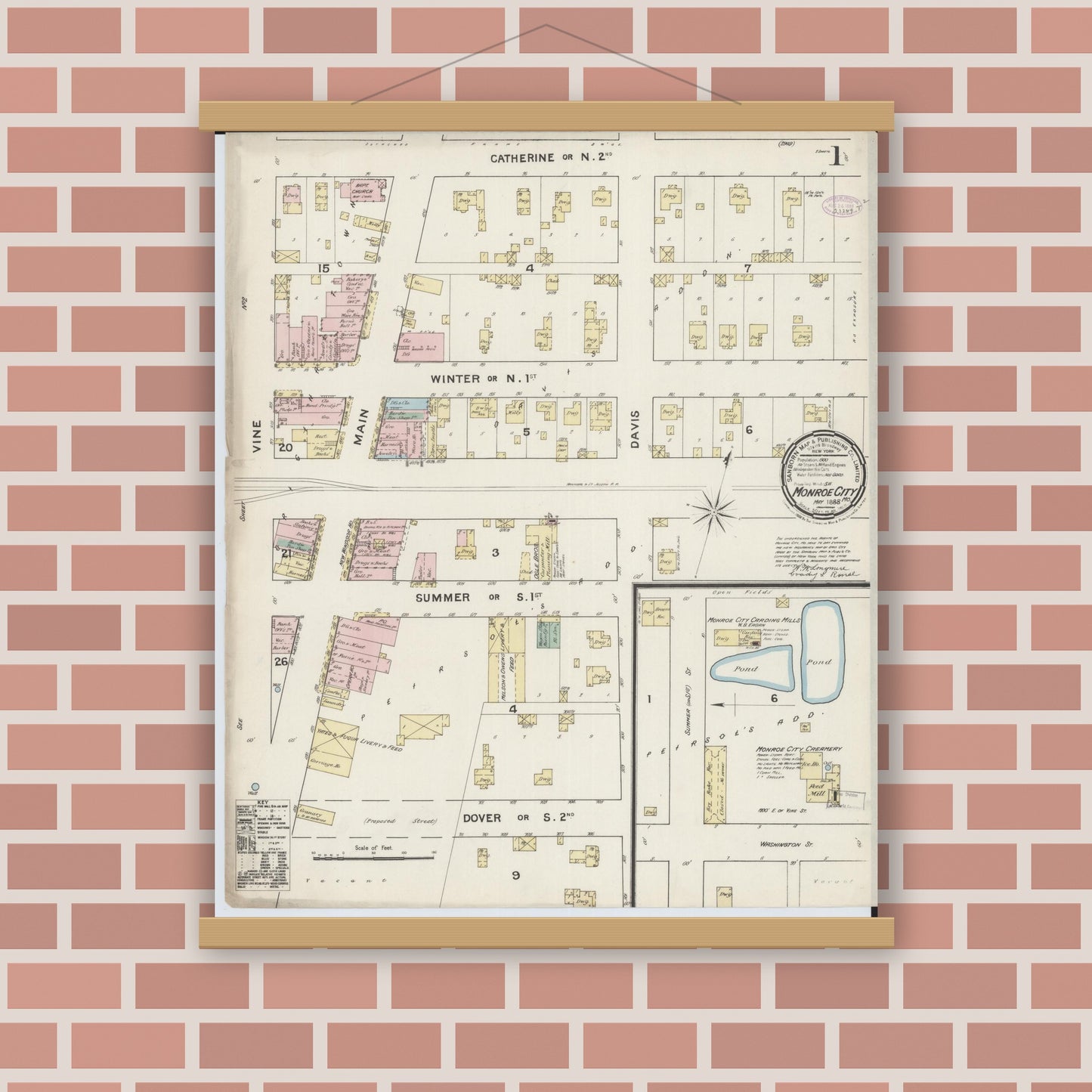 Old map wall art mockup — magnetic wood frame on brick wall — Sanborn Fire Insurance Map from Monroe City, Monroe County, Missouri (1888) - Complete Map Set