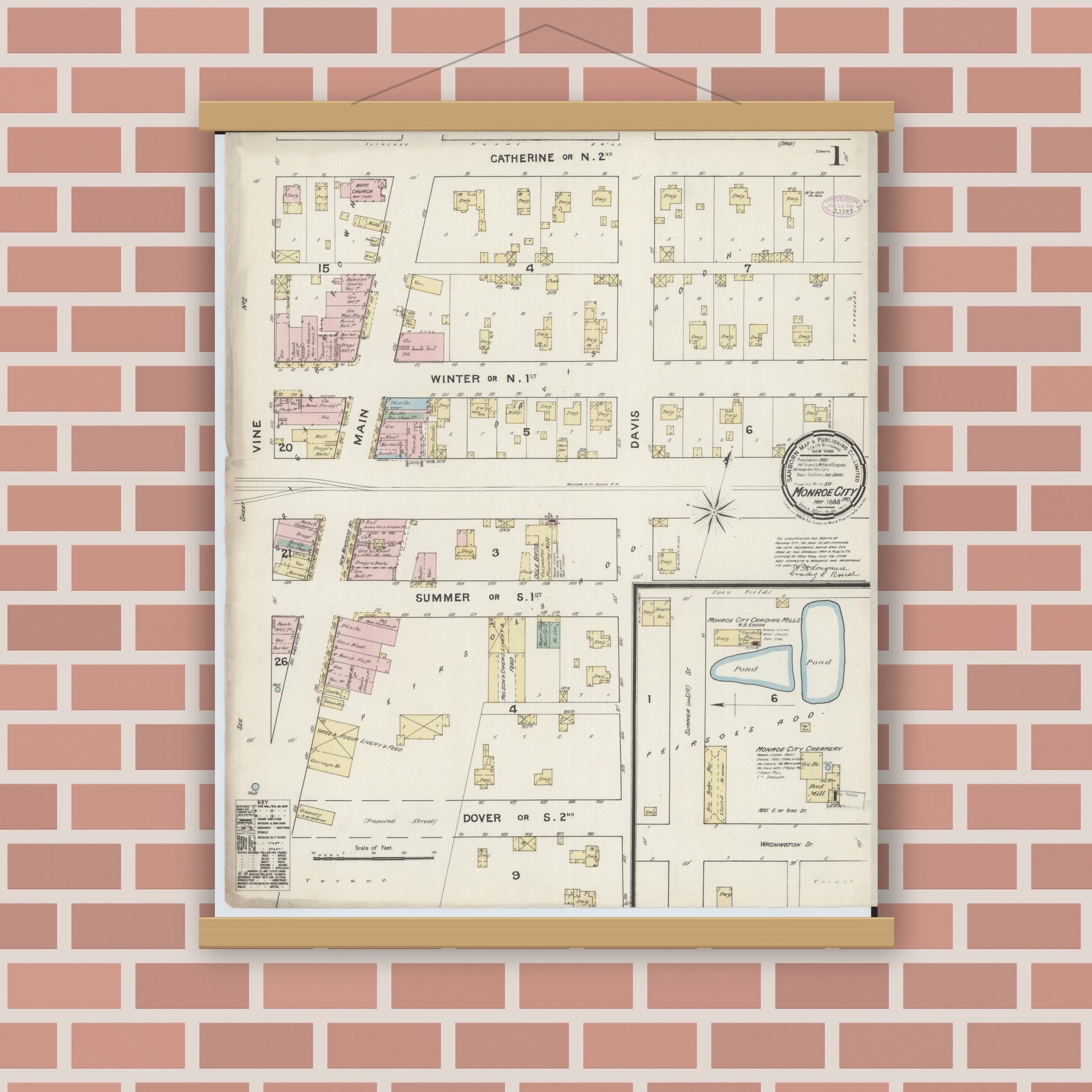 Old map wall art mockup — magnetic wood frame on brick wall — Sanborn Fire Insurance Map from Monroe City, Monroe County, Missouri (1888) - Complete Map Set