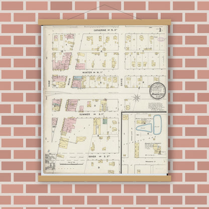 Old map wall art mockup — magnetic wood frame on brick wall — Sanborn Fire Insurance Map from Monroe City, Monroe County, Missouri (1888) - Complete Map Set