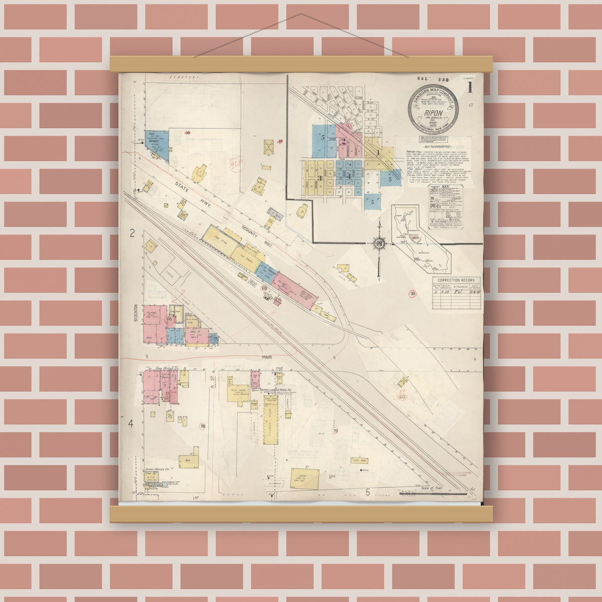 Old map wall art mockup — magnetic wood frame on brick wall — Sanborn Fire Insurance Map from Ripon, San Joaquin County, California (1933) - Complete Map Set