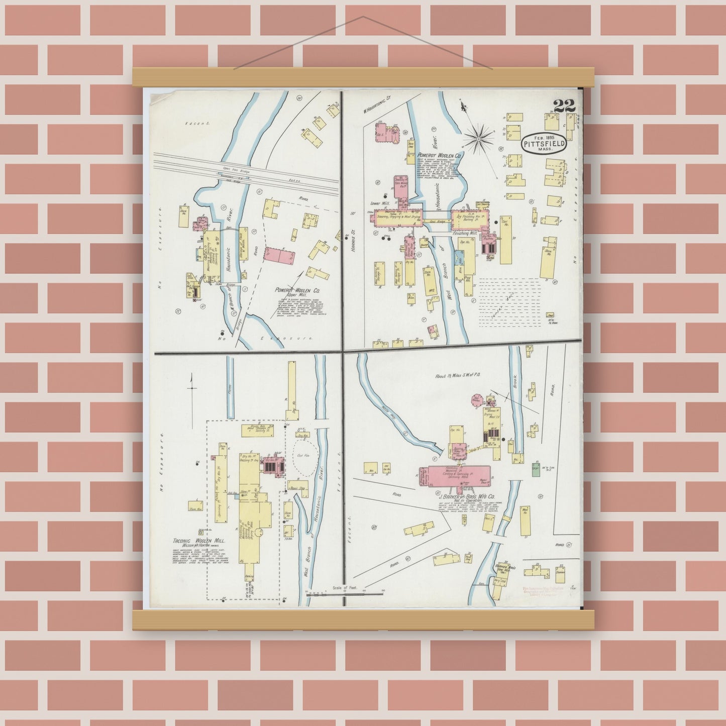 Old map wall art mockup — magnetic wood frame on brick wall — Sanborn Fire Insurance Map from Pittsfield, Berkshire County, Massachusetts (1895), Sheet #0022