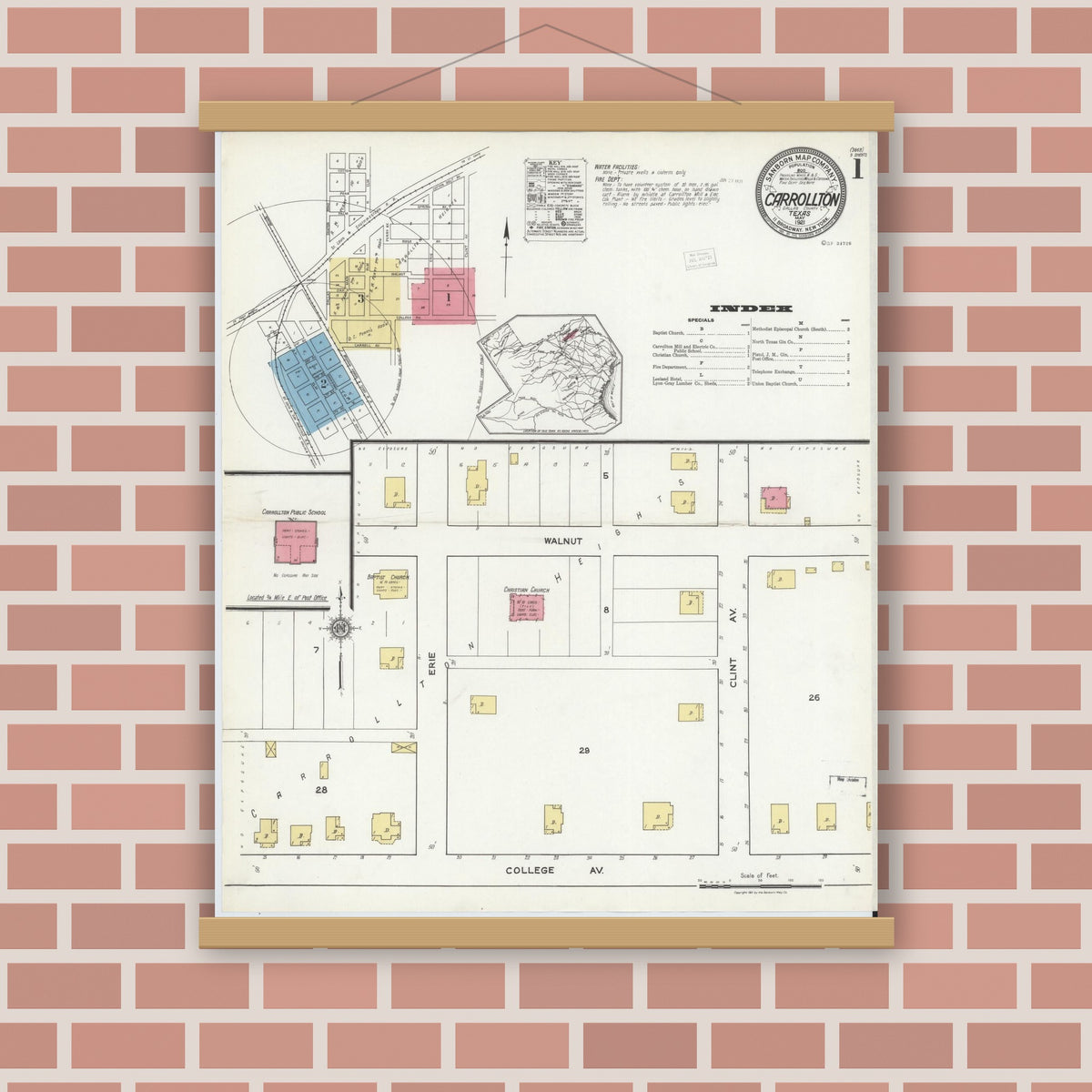 Old map wall art mockup — magnetic wood frame on brick wall — Sanborn Fire Insurance Map from Carrollton, Dallas County, Texas (1921) - Complete Map Set