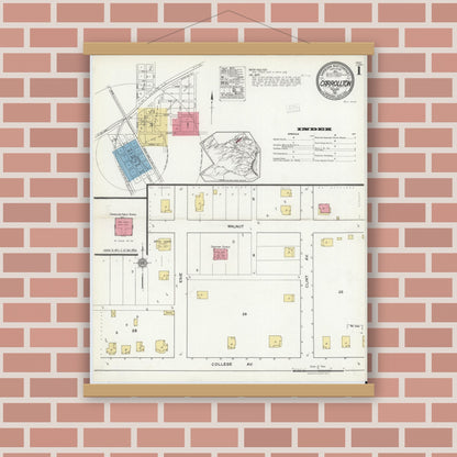 Old map wall art mockup — magnetic wood frame on brick wall — Sanborn Fire Insurance Map from Carrollton, Dallas County, Texas (1921) - Complete Map Set