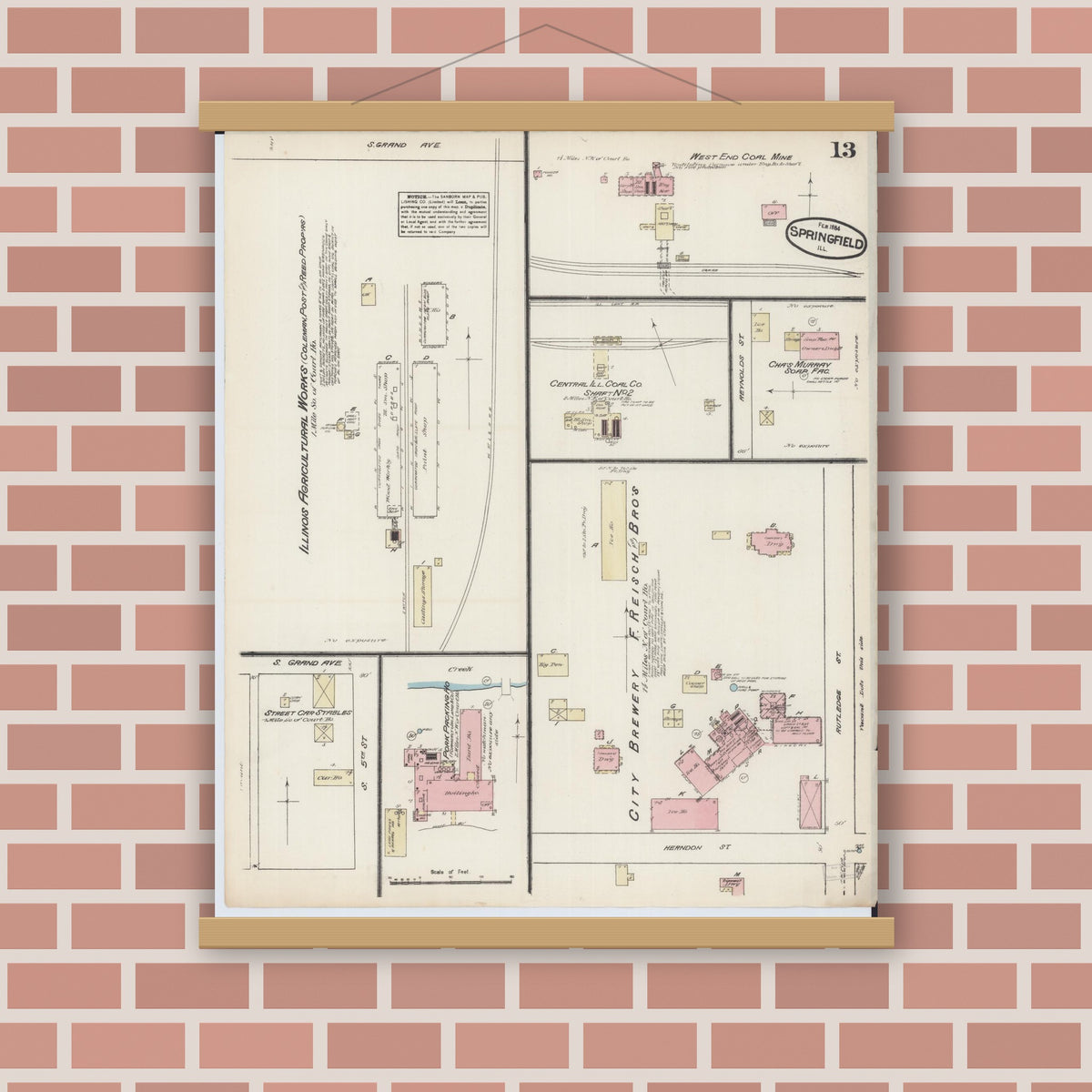 Old map wall art mockup — magnetic wood frame on brick wall — Sanborn Fire Insurance Map from Springfield, Sangamon County, Illinois (1884), Sheet #0013