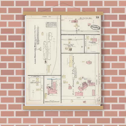 Old map wall art mockup — magnetic wood frame on brick wall — Sanborn Fire Insurance Map from Springfield, Sangamon County, Illinois (1884), Sheet #0013