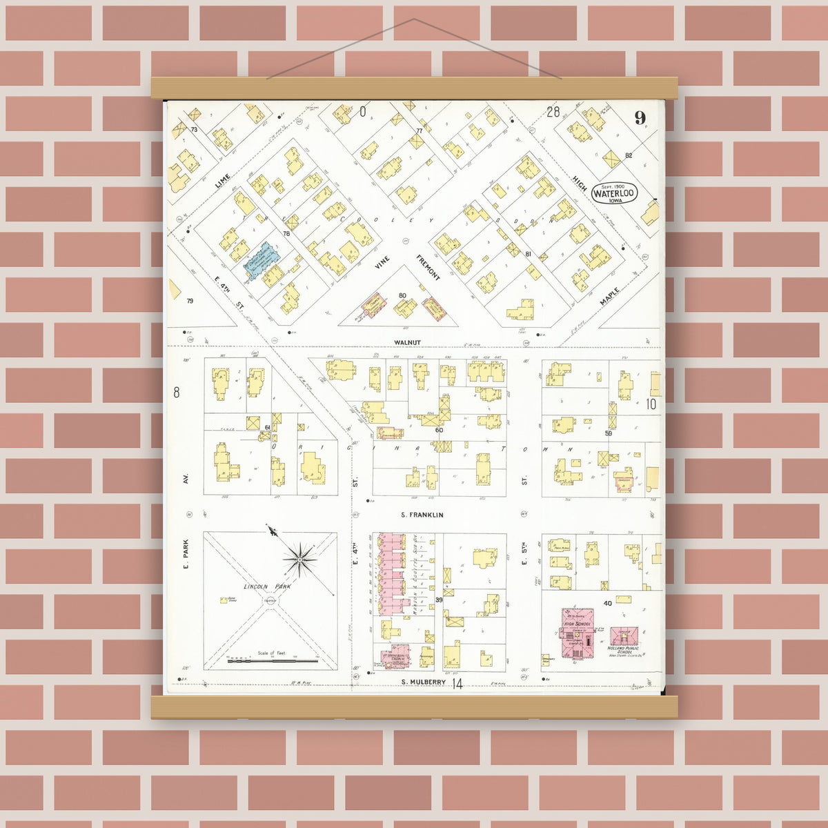 Old map wall art mockup — magnetic wood frame on brick wall — Sanborn Fire Insurance Map from Waterloo, Black Hawk County, Iowa (1900), Sheet #0009