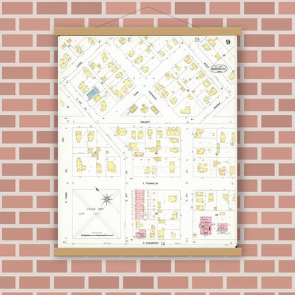 Old map wall art mockup — magnetic wood frame on brick wall — Sanborn Fire Insurance Map from Waterloo, Black Hawk County, Iowa (1900), Sheet #0009