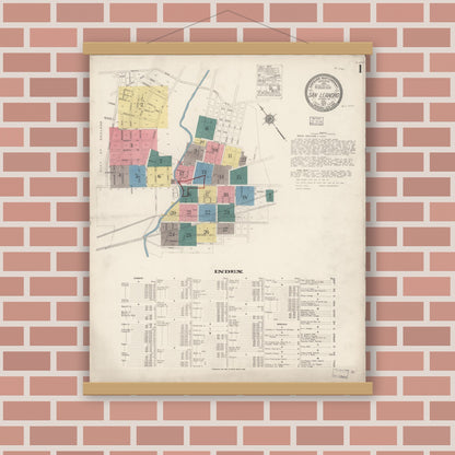 Old map wall art mockup — magnetic wood frame on brick wall — Sanborn Fire Insurance Map from San Leandro, Alameda County, California (1917) - Complete Map Set