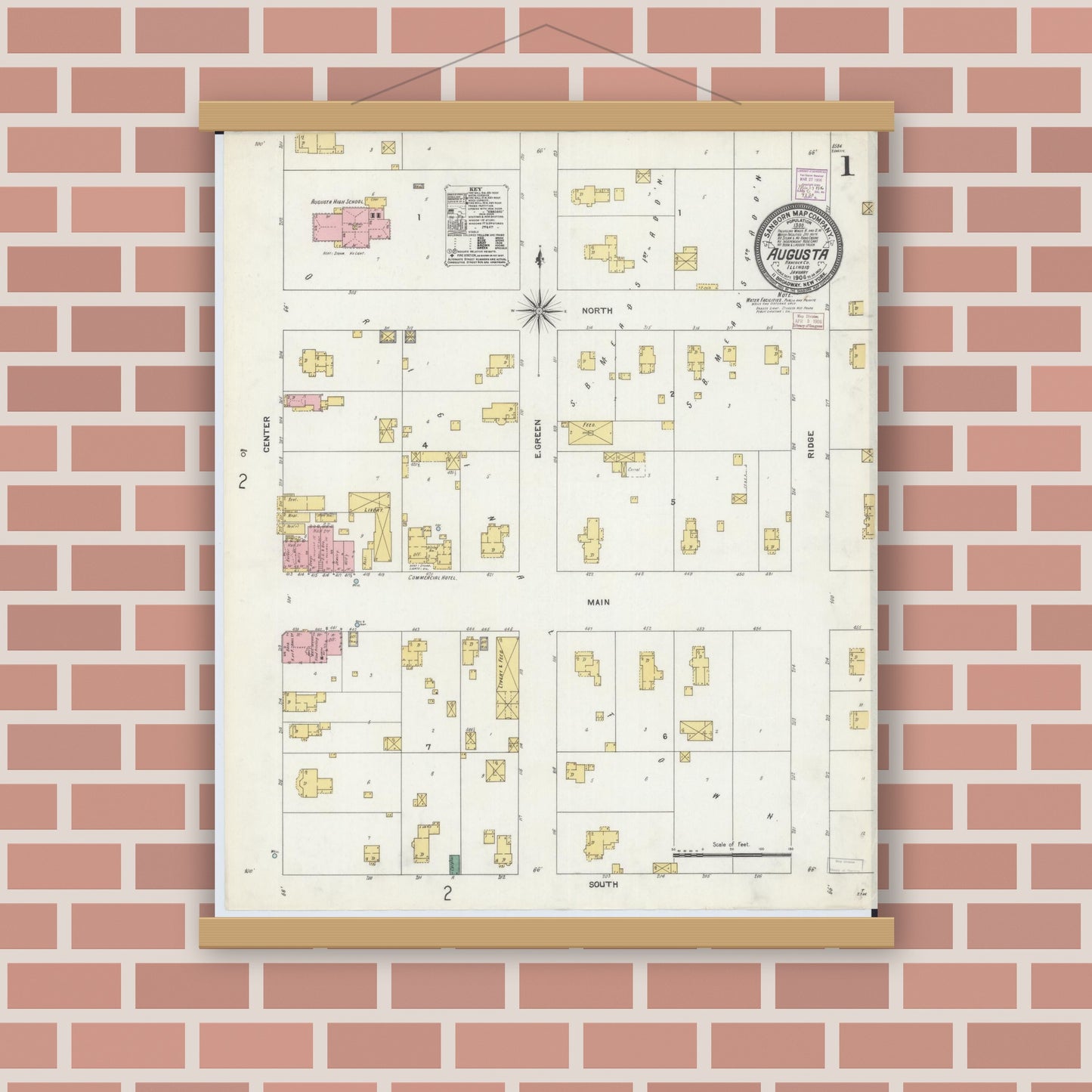 Old map wall art mockup — magnetic wood frame on brick wall — Sanborn Fire Insurance Map from Augusta, Hancock County, Illinois (1906) - Complete Map Set