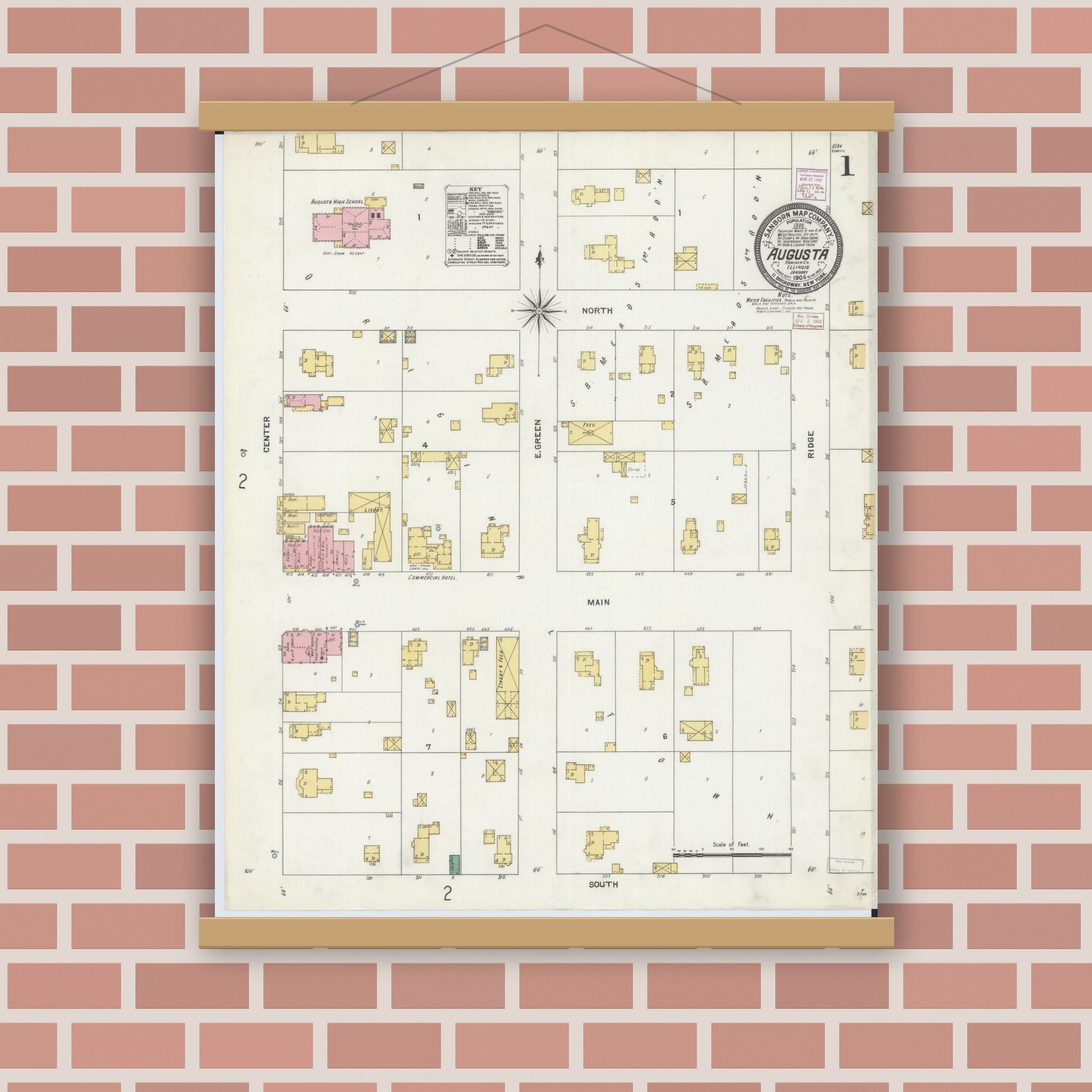 Old map wall art mockup — magnetic wood frame on brick wall — Sanborn Fire Insurance Map from Augusta, Hancock County, Illinois (1906) - Complete Map Set