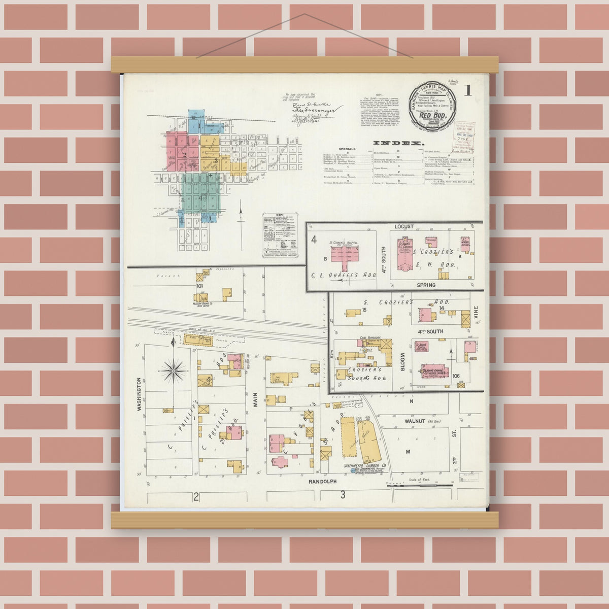 Old map wall art mockup — magnetic wood frame on brick wall — Sanborn Fire Insurance Map from Red Bud, Randolph County, Illinois (1900) - Complete Map Set