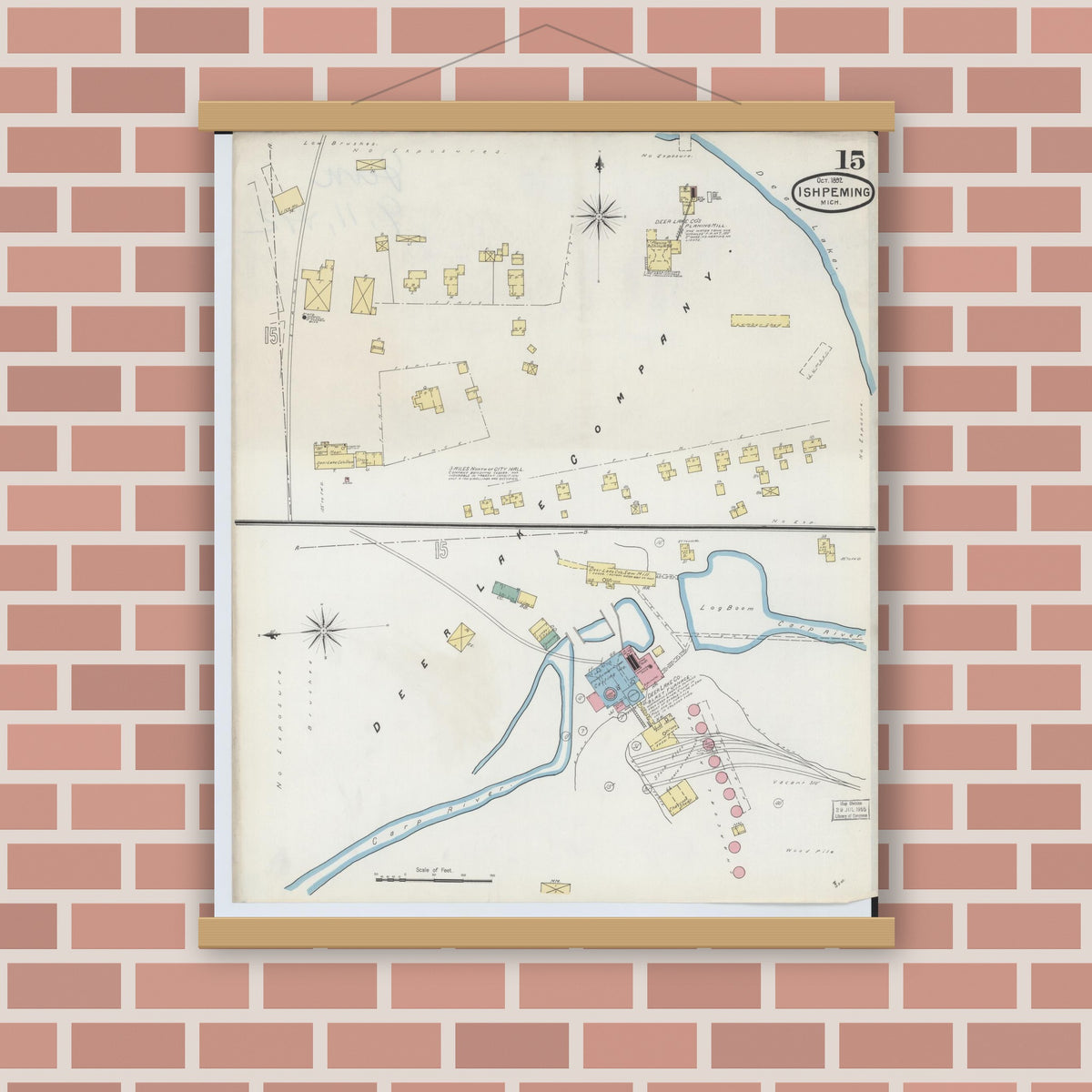 Old map wall art mockup — magnetic wood frame on brick wall — Sanborn Fire Insurance Map from Ishpeming, Marquette County, Michigan (1892), Sheet #0015