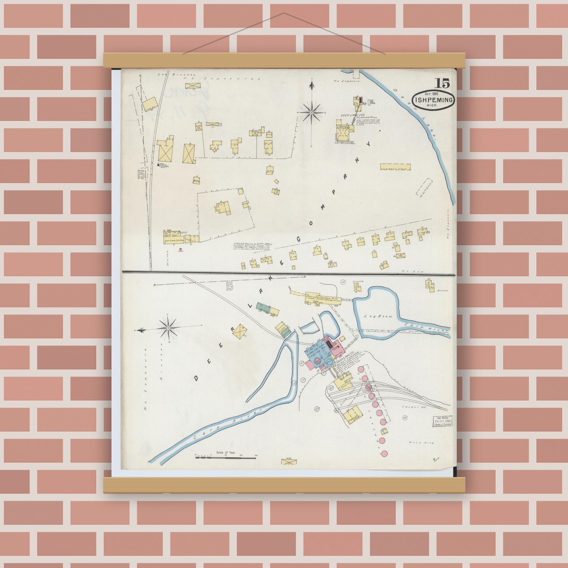 Old map wall art mockup — magnetic wood frame on brick wall — Sanborn Fire Insurance Map from Ishpeming, Marquette County, Michigan (1892), Sheet #0015