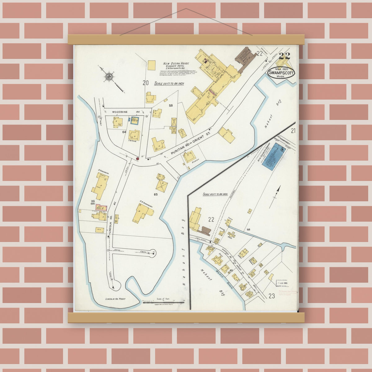 Old map wall art mockup — magnetic wood frame on brick wall — Sanborn Fire Insurance Map from Swampscott, Essex County, Massachusetts (1920), Sheet #0022