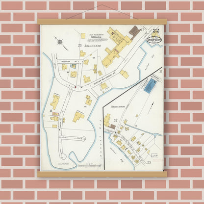 Old map wall art mockup — magnetic wood frame on brick wall — Sanborn Fire Insurance Map from Swampscott, Essex County, Massachusetts (1920), Sheet #0022