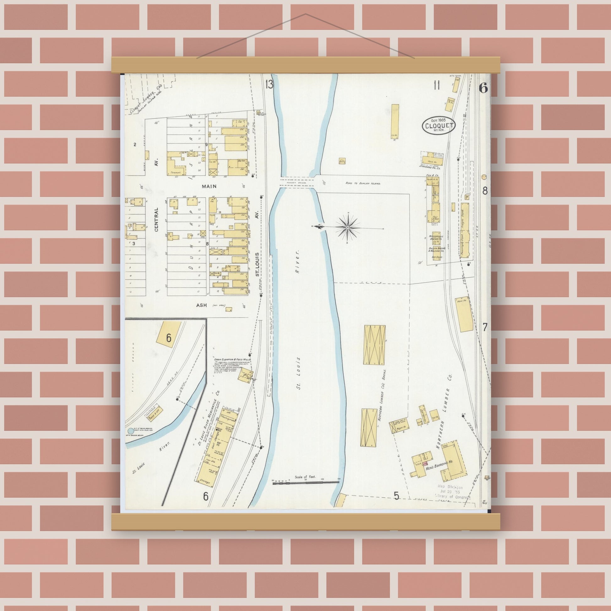 Old map wall art mockup — magnetic wood frame on brick wall — Sanborn Fire Insurance Map from Cloquet, Carlton County, Minnesota (1905), Sheet #0006
