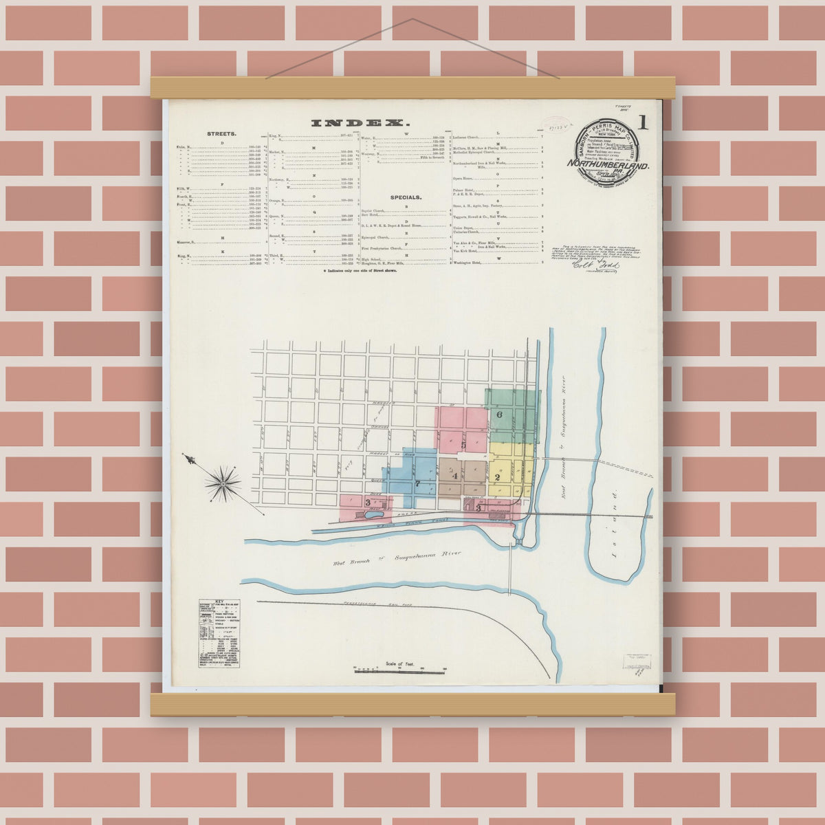 Old map wall art mockup — magnetic wood frame on brick wall — Sanborn Fire Insurance Map from Northumberland, Northumberland County, Pennsylvania (1890), Sheet #0001