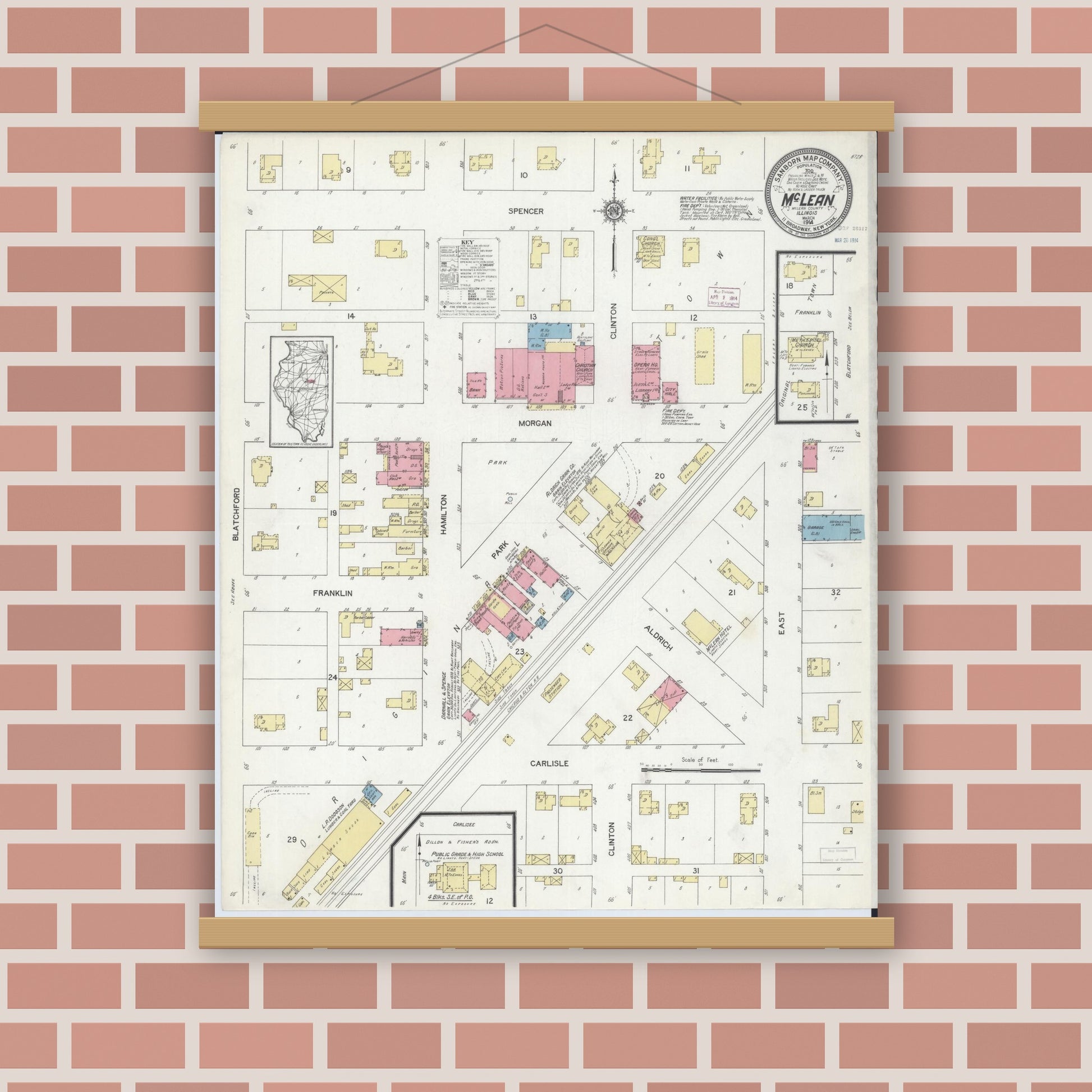 Old map wall art mockup — magnetic wood frame on brick wall — Sanborn Fire Insurance Map from Mclean, McLean County, Illinois (1914), Sheet #0001