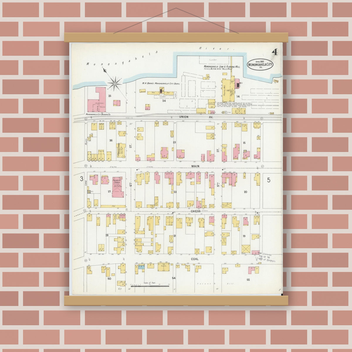 Old map wall art mockup — magnetic wood frame on brick wall — Sanborn Fire Insurance Map from Monongahela City, Washington County, Pennsylvania (1900), Sheet #0004