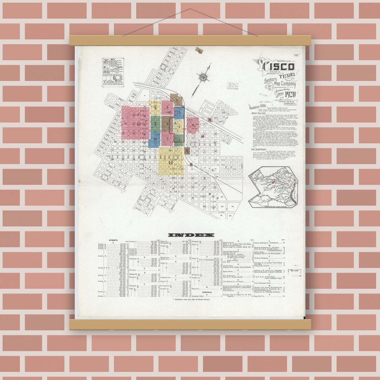 Old map wall art mockup — magnetic wood frame on brick wall — Sanborn Fire Insurance Map from Cisco, Eastland County, Texas (1920) - Complete Map Set