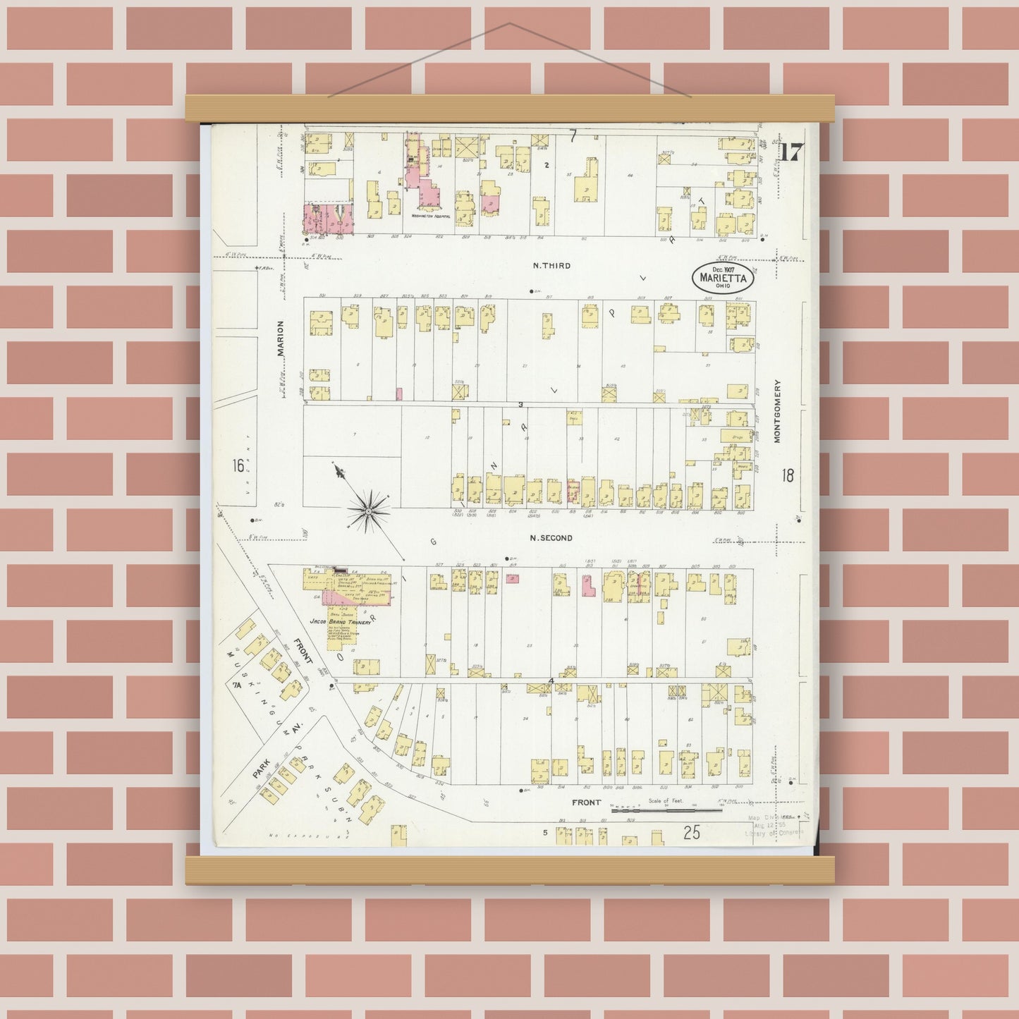 Old map wall art mockup — magnetic wood frame on brick wall — Sanborn Fire Insurance Map from Marietta, Washington County, Ohio (1907), Sheet #0017