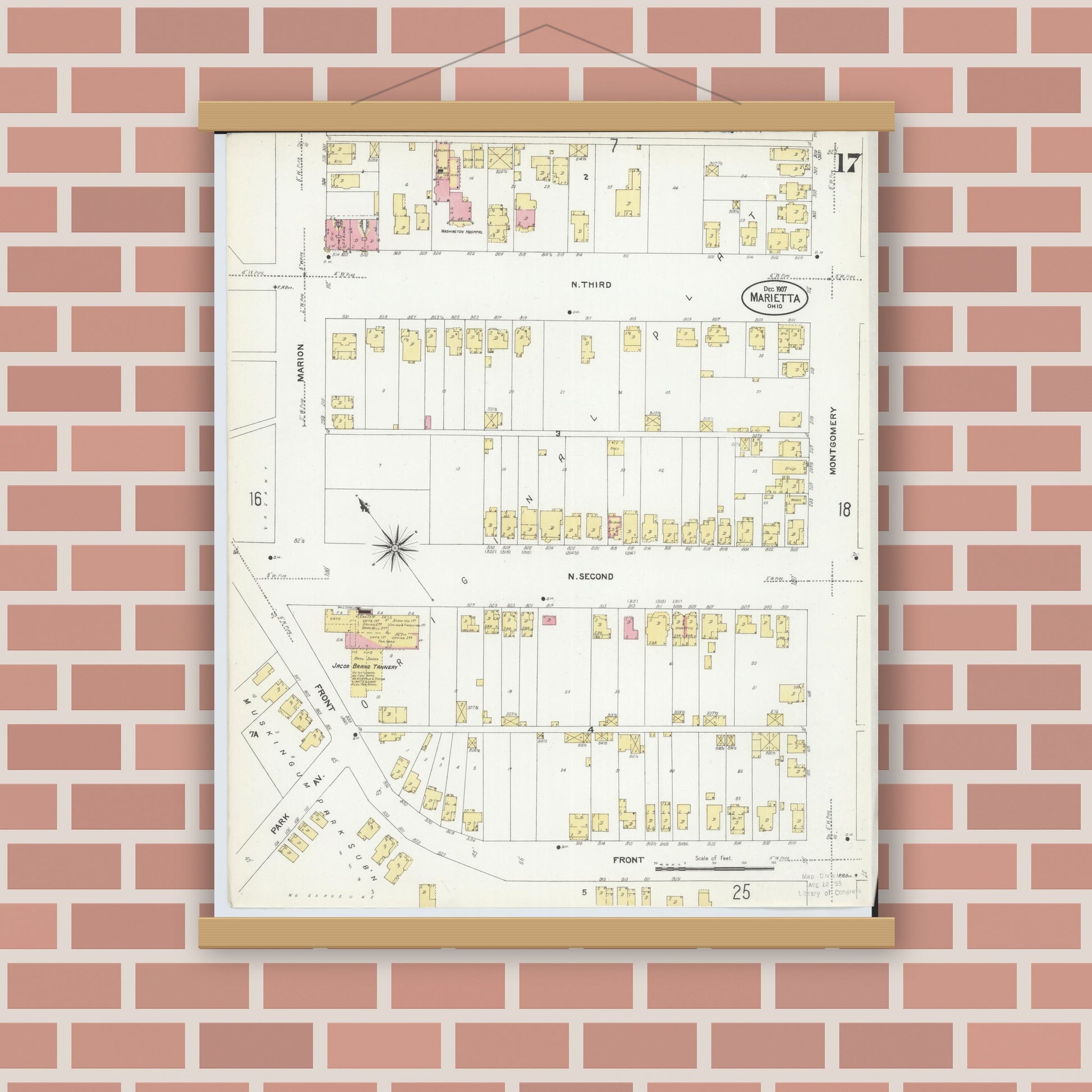 Old map wall art mockup — magnetic wood frame on brick wall — Sanborn Fire Insurance Map from Marietta, Washington County, Ohio (1907), Sheet #0017