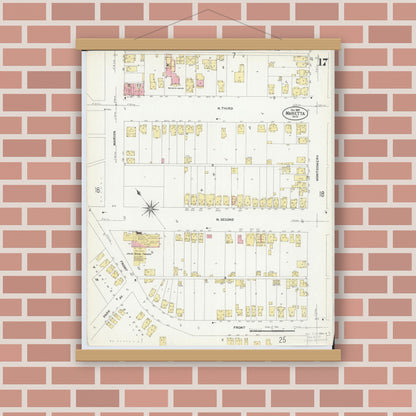 Old map wall art mockup — magnetic wood frame on brick wall — Sanborn Fire Insurance Map from Marietta, Washington County, Ohio (1907), Sheet #0017