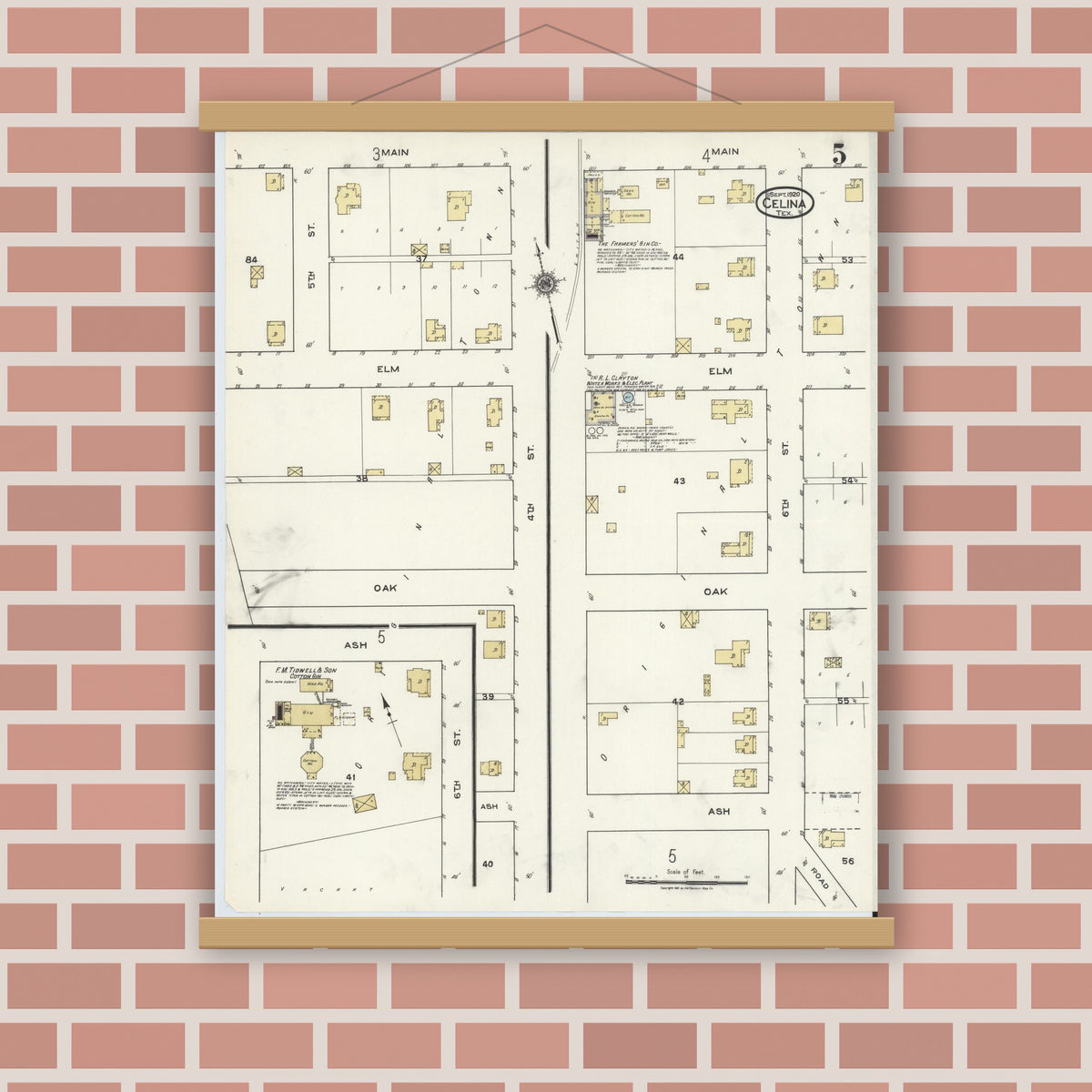 Old map wall art mockup — magnetic wood frame on brick wall — Sanborn Fire Insurance Map from Celina, Collin County, Texas (1920), Sheet #0005