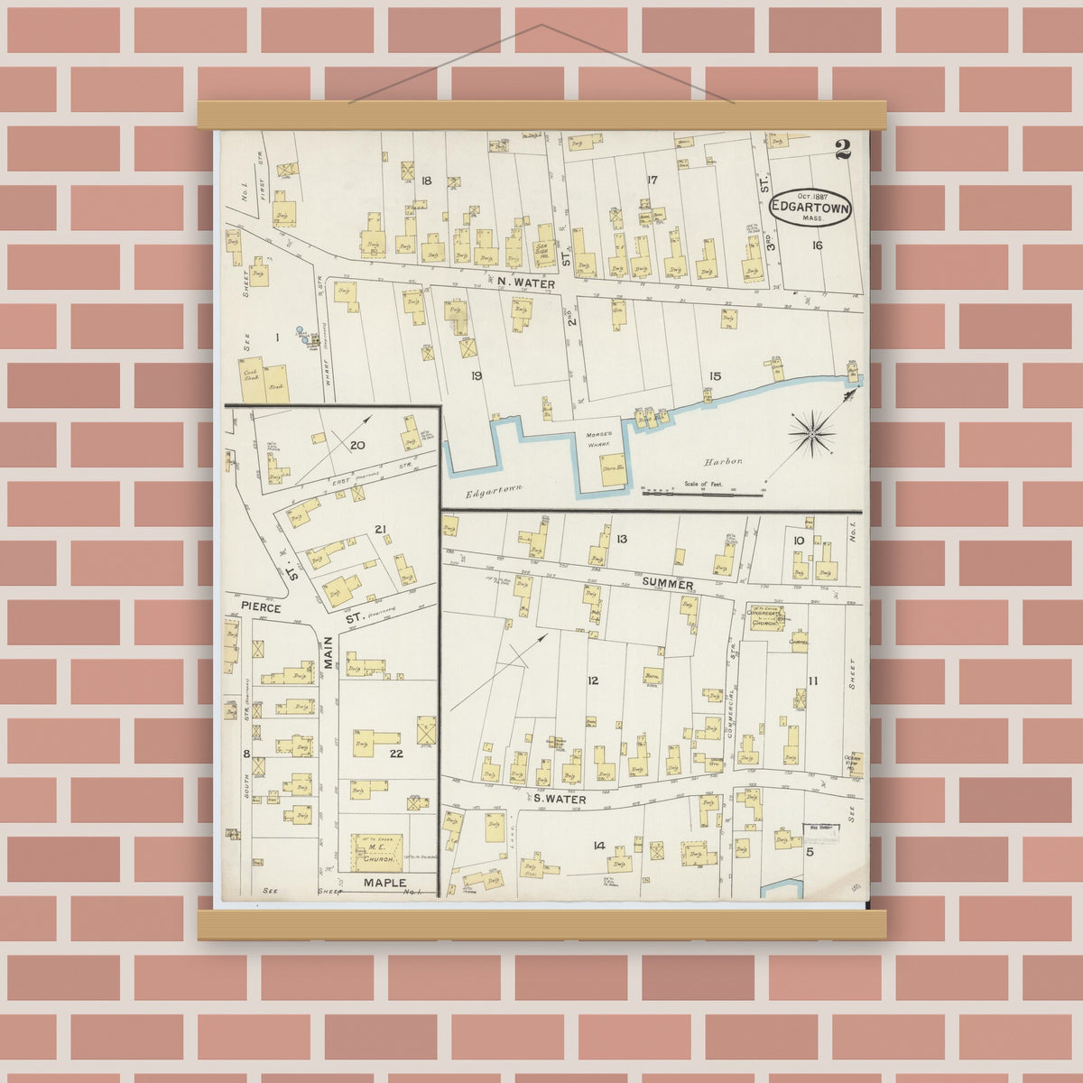 Old map wall art mockup — magnetic wood frame on brick wall — Sanborn Fire Insurance Map from Edgartown, Dukes County, Massachusetts (1887), Sheet #0002