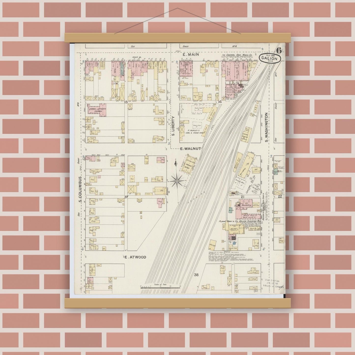 Old map wall art mockup — magnetic wood frame on brick wall — Sanborn Fire Insurance Map from Galion, Crawford County, Ohio (1887), Sheet #0006