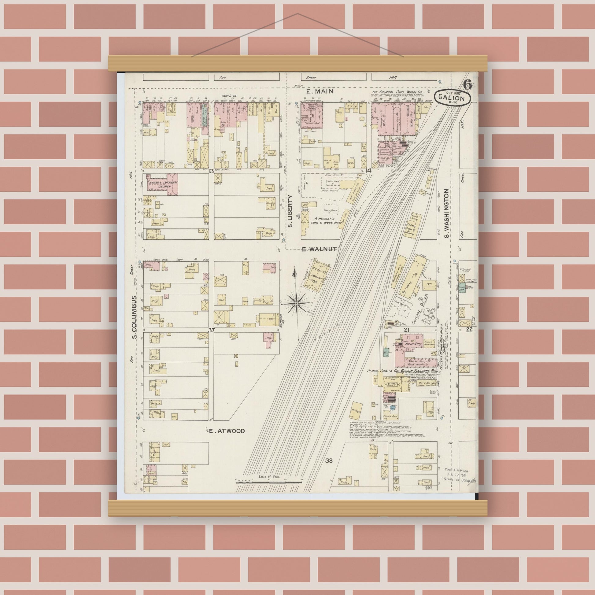 Old map wall art mockup — magnetic wood frame on brick wall — Sanborn Fire Insurance Map from Galion, Crawford County, Ohio (1887), Sheet #0006