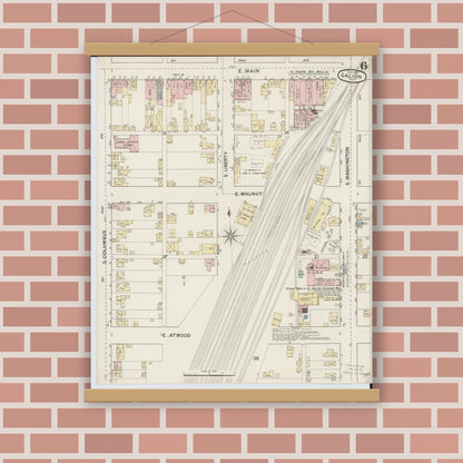 Old map wall art mockup — magnetic wood frame on brick wall — Sanborn Fire Insurance Map from Galion, Crawford County, Ohio (1887), Sheet #0006