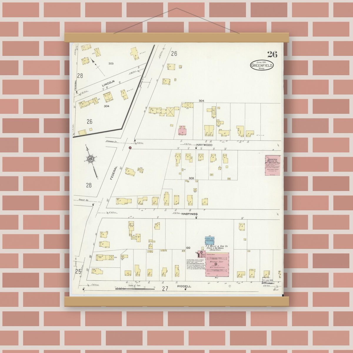 Old map wall art mockup — magnetic wood frame on brick wall — Sanborn Fire Insurance Map from Greenfield, Franklin County, Massachusetts (1914), Sheet #0026