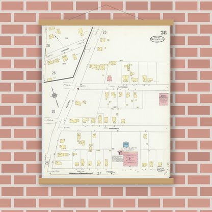 Old map wall art mockup — magnetic wood frame on brick wall — Sanborn Fire Insurance Map from Greenfield, Franklin County, Massachusetts (1914), Sheet #0026