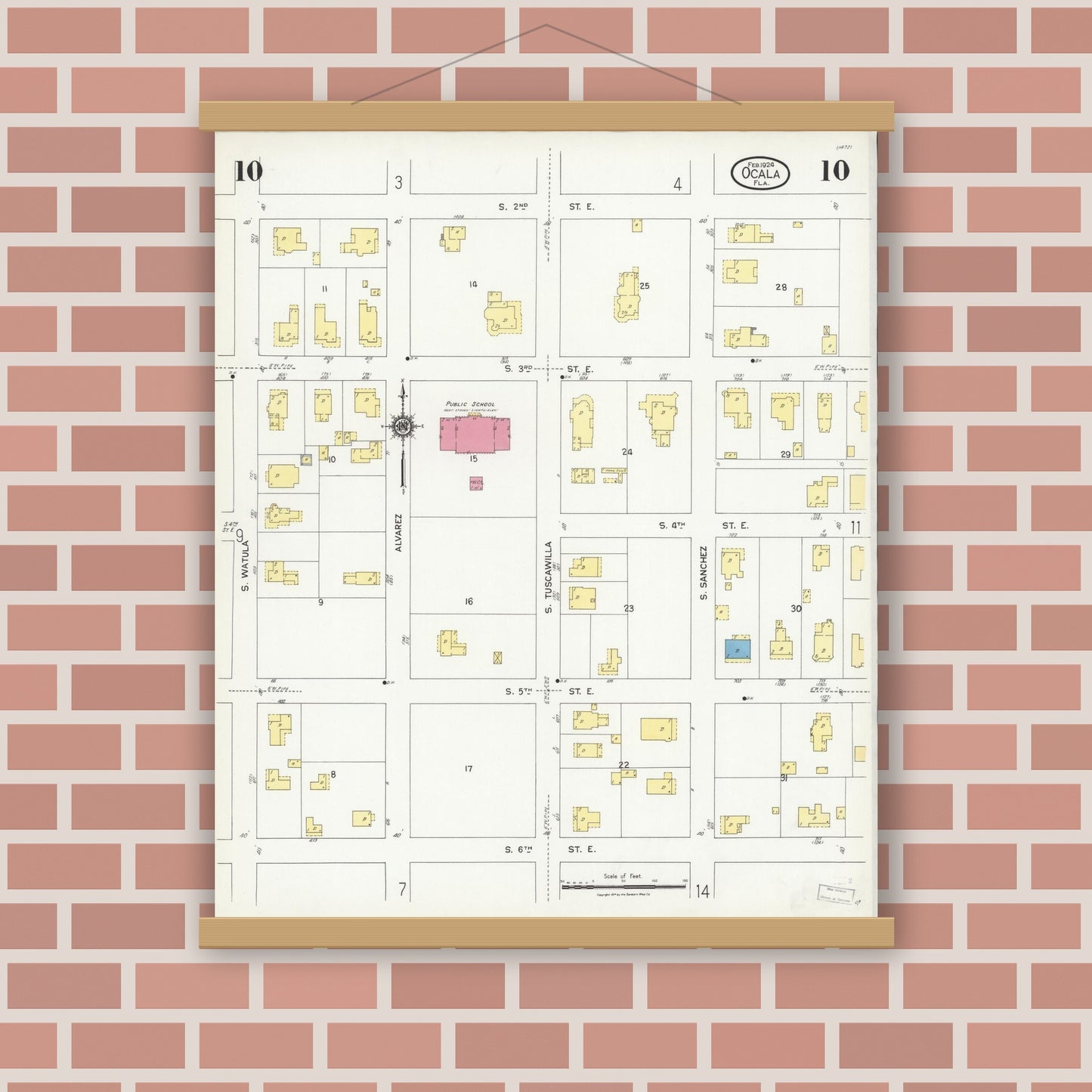 Old map wall art mockup — magnetic wood frame on brick wall — Sanborn Fire Insurance Map from Ocala, Marion County, Florida (1924), Sheet #0010