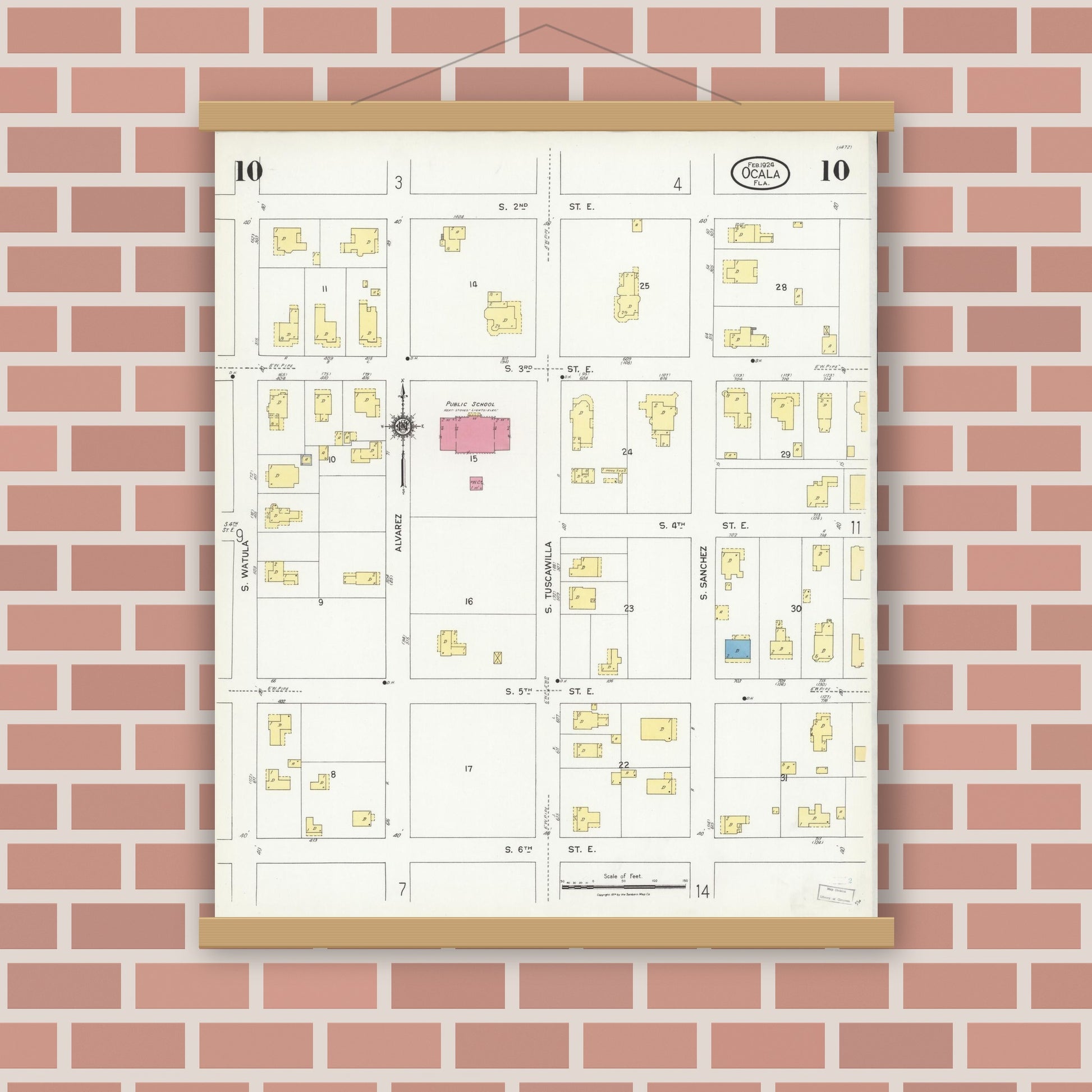 Old map wall art mockup — magnetic wood frame on brick wall — Sanborn Fire Insurance Map from Ocala, Marion County, Florida (1924), Sheet #0010