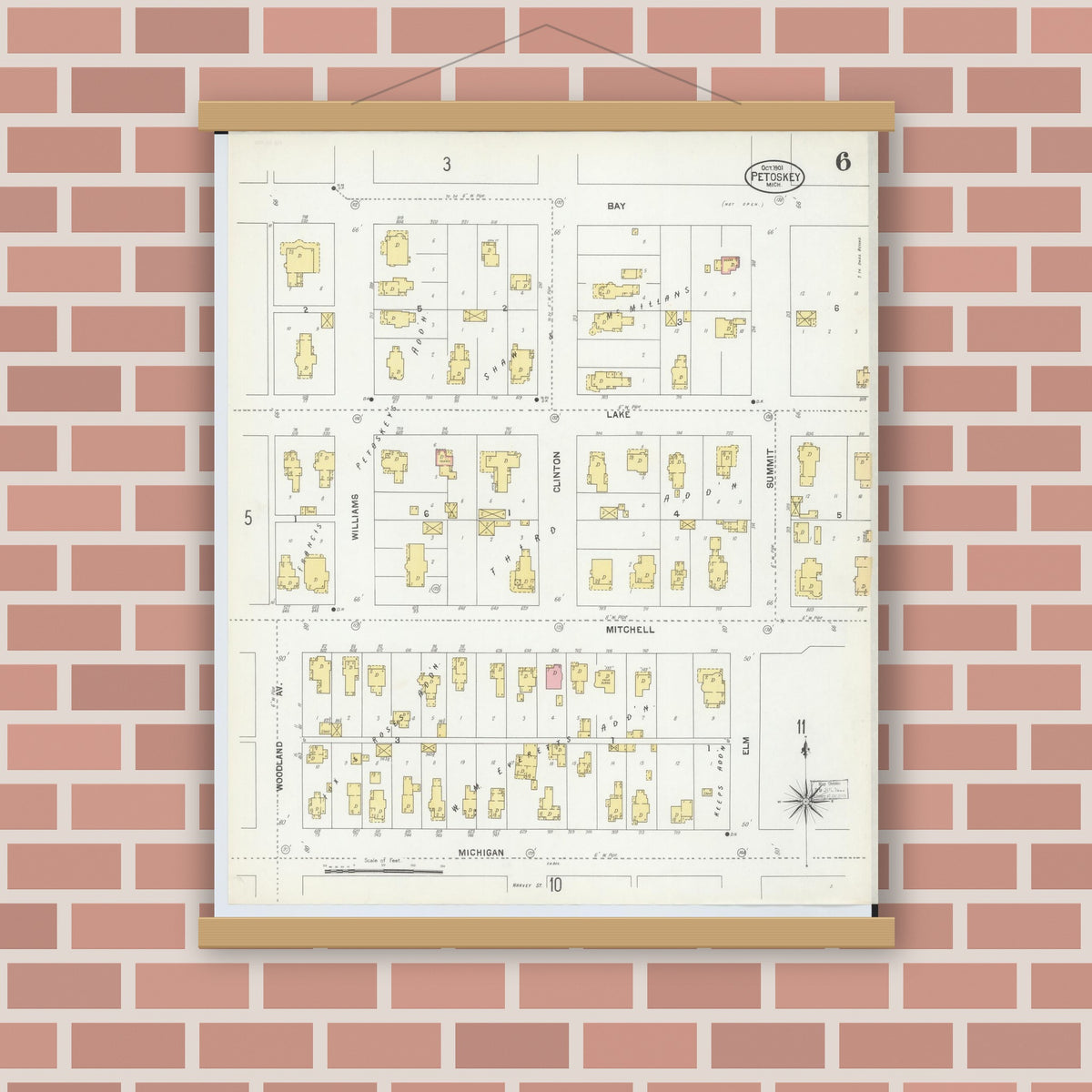 Old map wall art mockup — magnetic wood frame on brick wall — Sanborn Fire Insurance Map from Petoskey, Emmet County, Michigan (1901), Sheet #0006