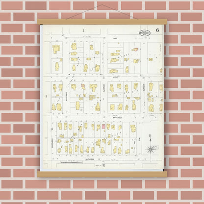 Old map wall art mockup — magnetic wood frame on brick wall — Sanborn Fire Insurance Map from Petoskey, Emmet County, Michigan (1901), Sheet #0006