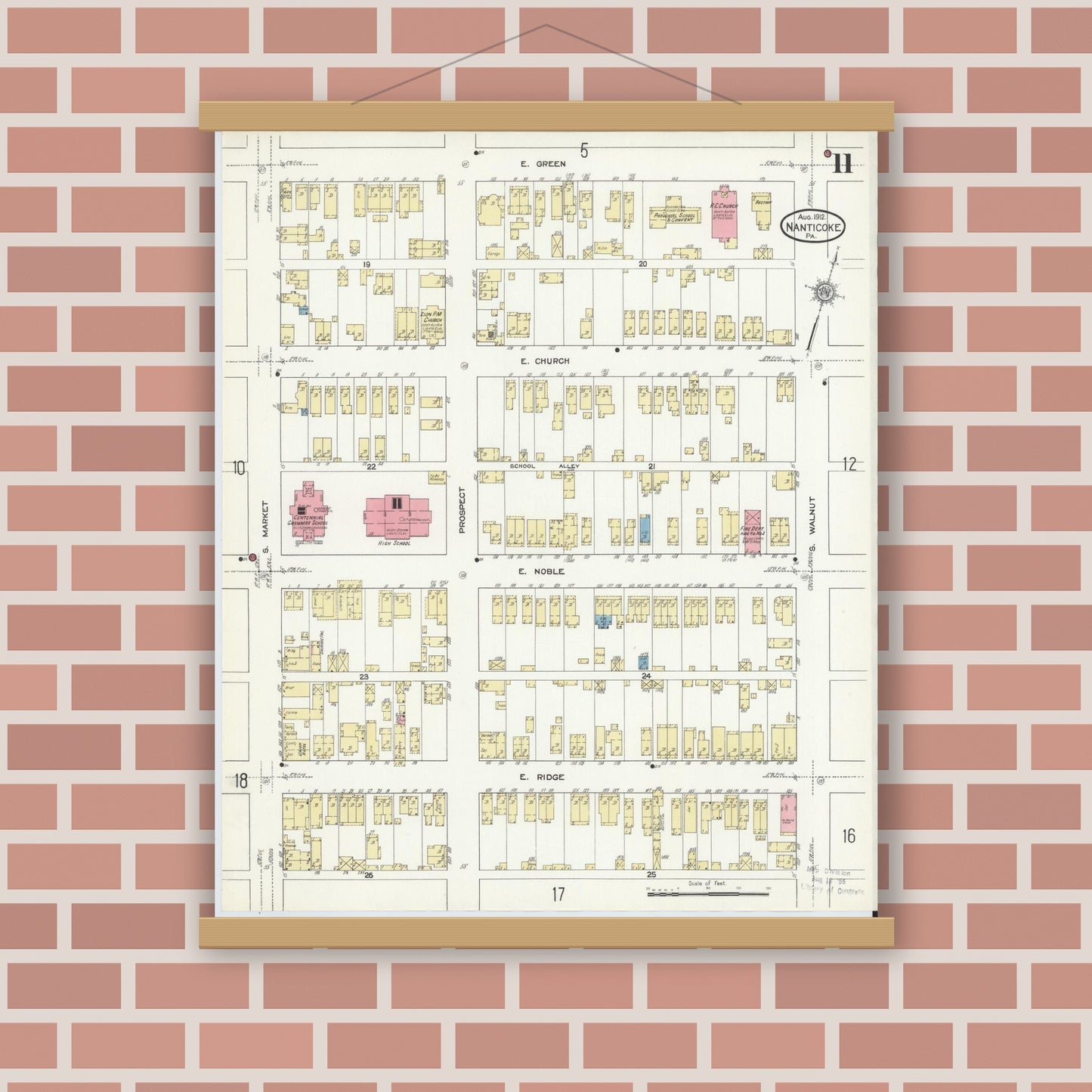 Old map wall art mockup — magnetic wood frame on brick wall — Sanborn Fire Insurance Map from Nanticoke, Luzerne County, Pennsylvania (1912), Sheet #0011